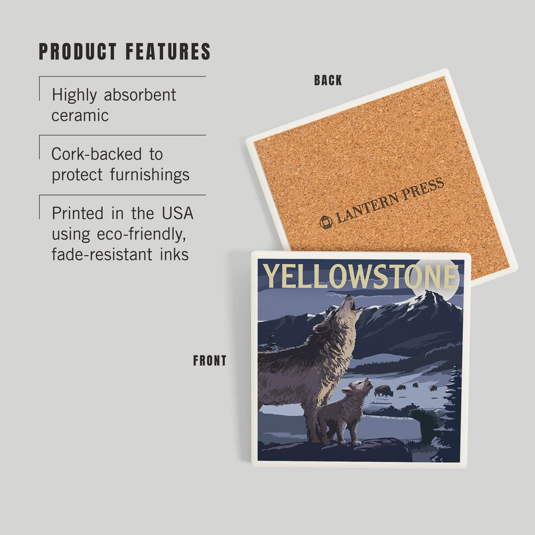 Yellowstone National Park, Wyoming, Wolves and Full Moon, Coasters Coasters Lantern Press