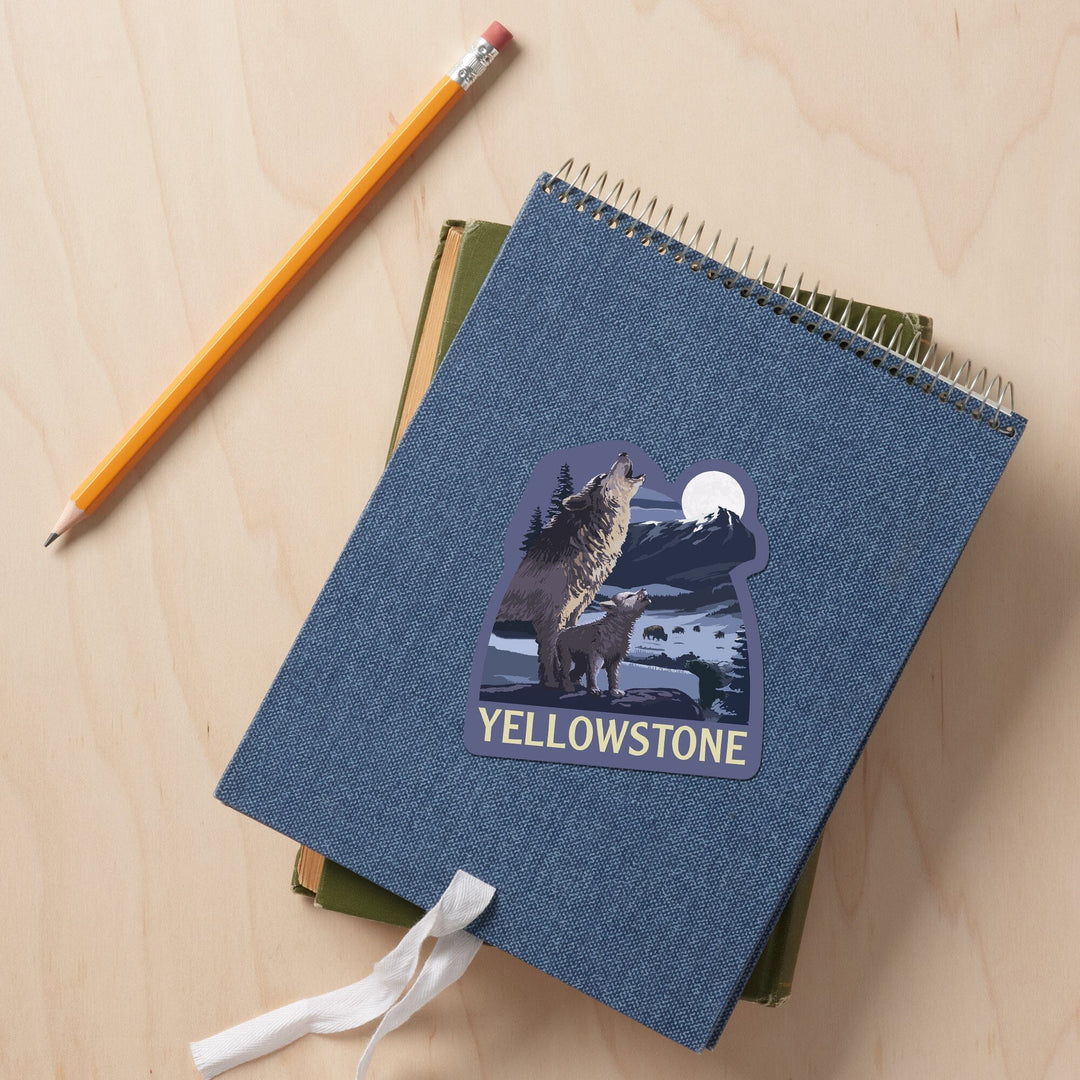 Yellowstone National Park, Wyoming, Wolves & Full Moon, Contour, Lantern Press Artwork, Vinyl Sticker Sticker Lantern Press