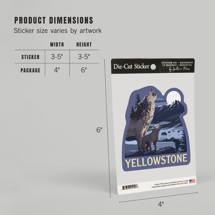Yellowstone National Park, Wyoming, Wolves & Full Moon, Contour, Lantern Press Artwork, Vinyl Sticker Sticker Lantern Press