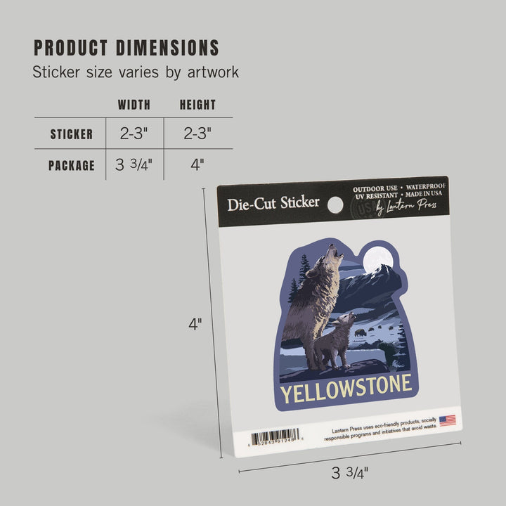 Yellowstone National Park, Wyoming, Wolves & Full Moon, Contour, Lantern Press Artwork, Vinyl Sticker Sticker Lantern Press
