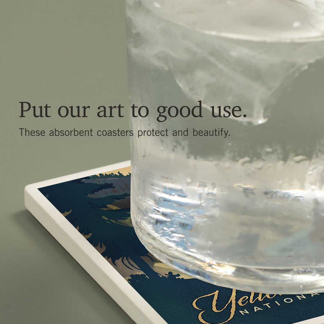 Yellowstone National Park, Wyoming, Yellowstone Falls, Lithograph, Coasters Coasters Lantern Press