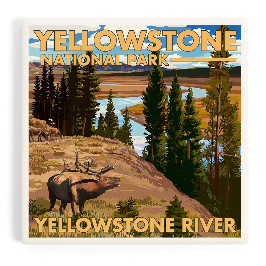 Yellowstone National Park, Wyoming, Yellowstone River and Elk, Coasters Coasters Lantern Press