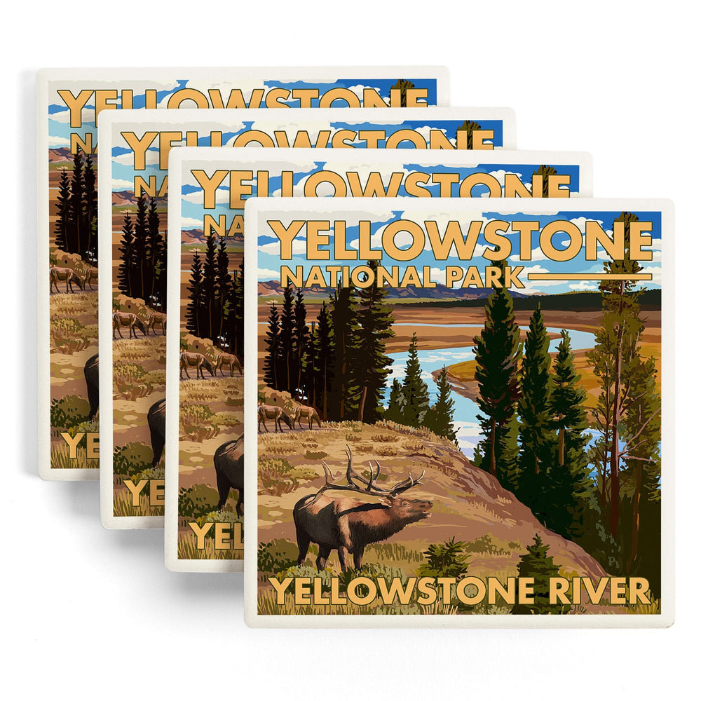 Yellowstone National Park, Wyoming, Yellowstone River and Elk, Coasters Coasters Lantern Press