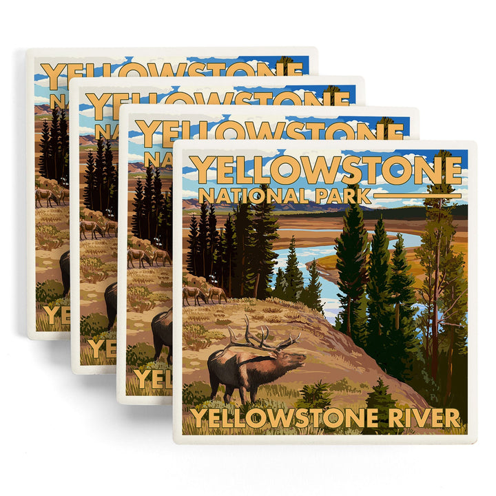 Yellowstone National Park, Wyoming, Yellowstone River and Elk, Coasters Coasters Lantern Press
