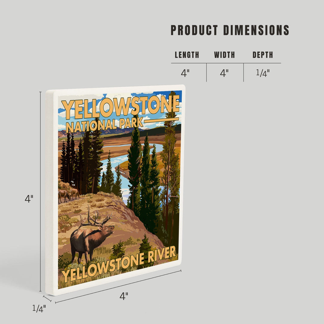Yellowstone National Park, Wyoming, Yellowstone River and Elk, Coasters Coasters Lantern Press
