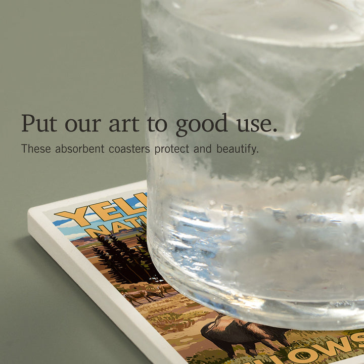 Yellowstone National Park, Wyoming, Yellowstone River and Elk, Coasters Coasters Lantern Press