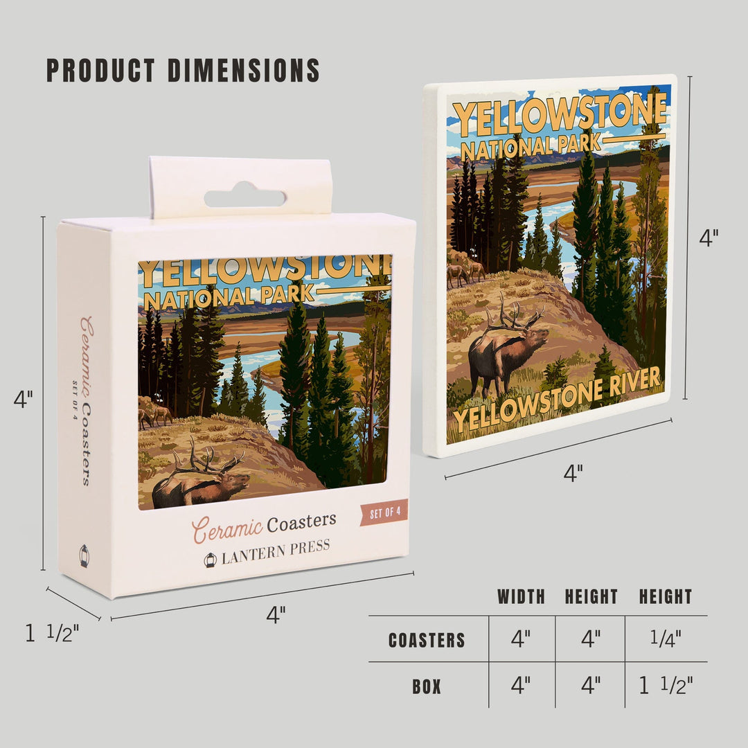 Yellowstone National Park, Wyoming, Yellowstone River and Elk, Coasters Coasters Lantern Press