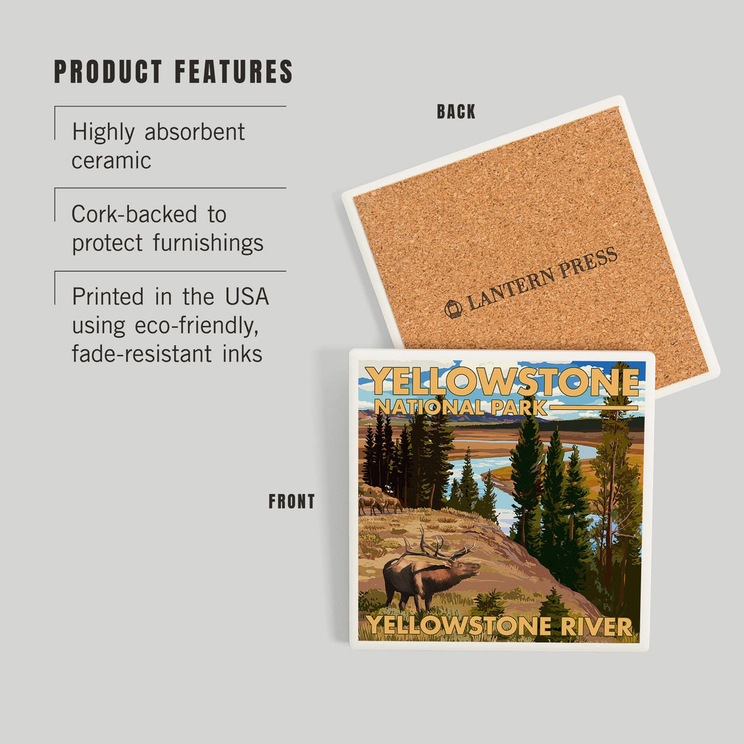 Yellowstone National Park, Wyoming, Yellowstone River and Elk, Coasters Coasters Lantern Press