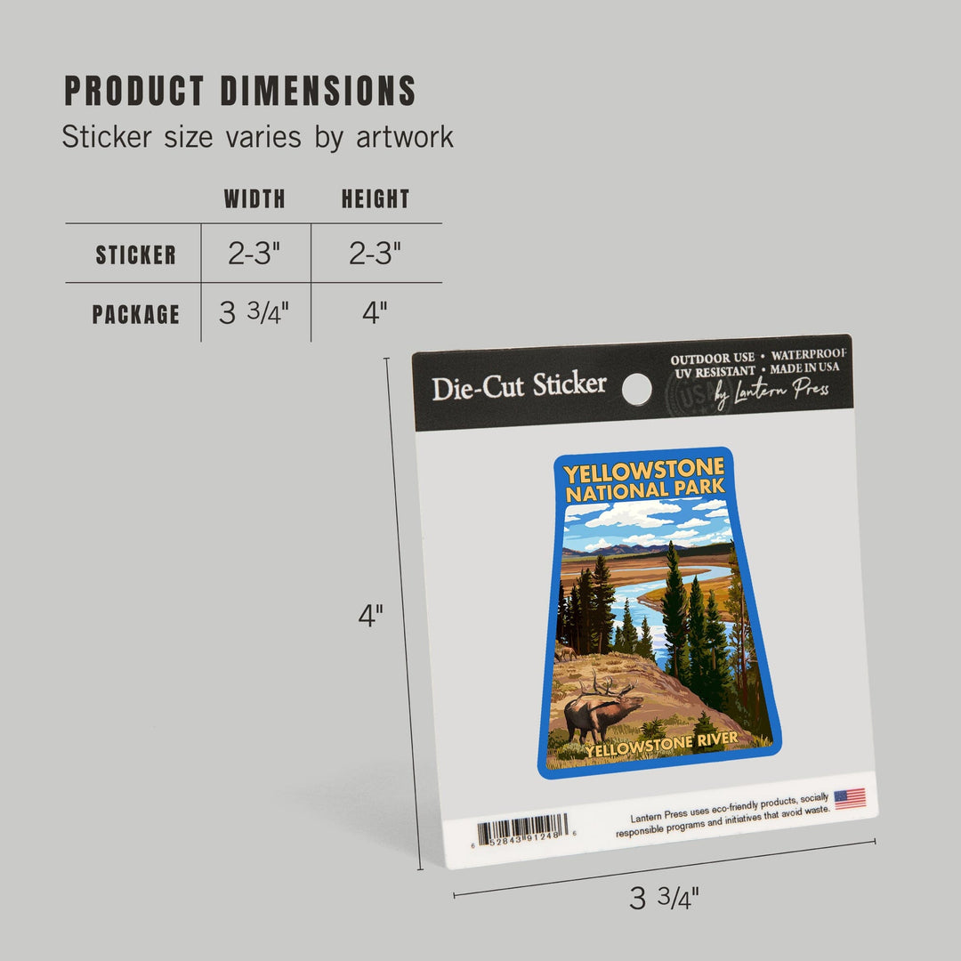 Yellowstone National Park, Wyoming, Yellowstone River and Elk, Contour, Vinyl Sticker Sticker Lantern Press