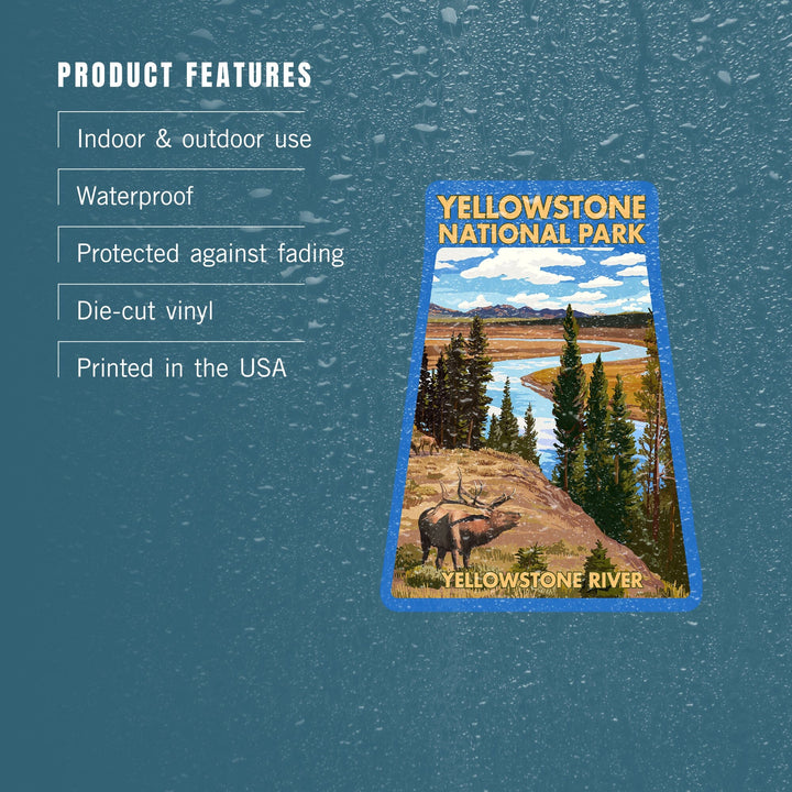 Yellowstone National Park, Wyoming, Yellowstone River and Elk, Contour, Vinyl Sticker Sticker Lantern Press