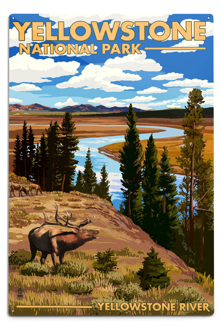 Yellowstone National Park, Wyoming, Yellowstone River and Elk, Metal Signs Metal Lantern Press 12x18 Metal Sign