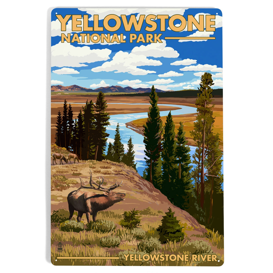 Yellowstone National Park, Wyoming, Yellowstone River and Elk, Metal Signs Metal Lantern Press