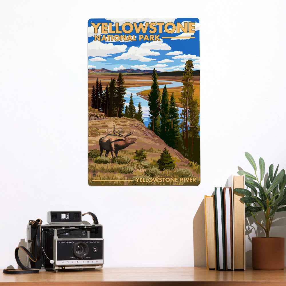 Yellowstone National Park, Wyoming, Yellowstone River and Elk, Metal Signs Metal Lantern Press
