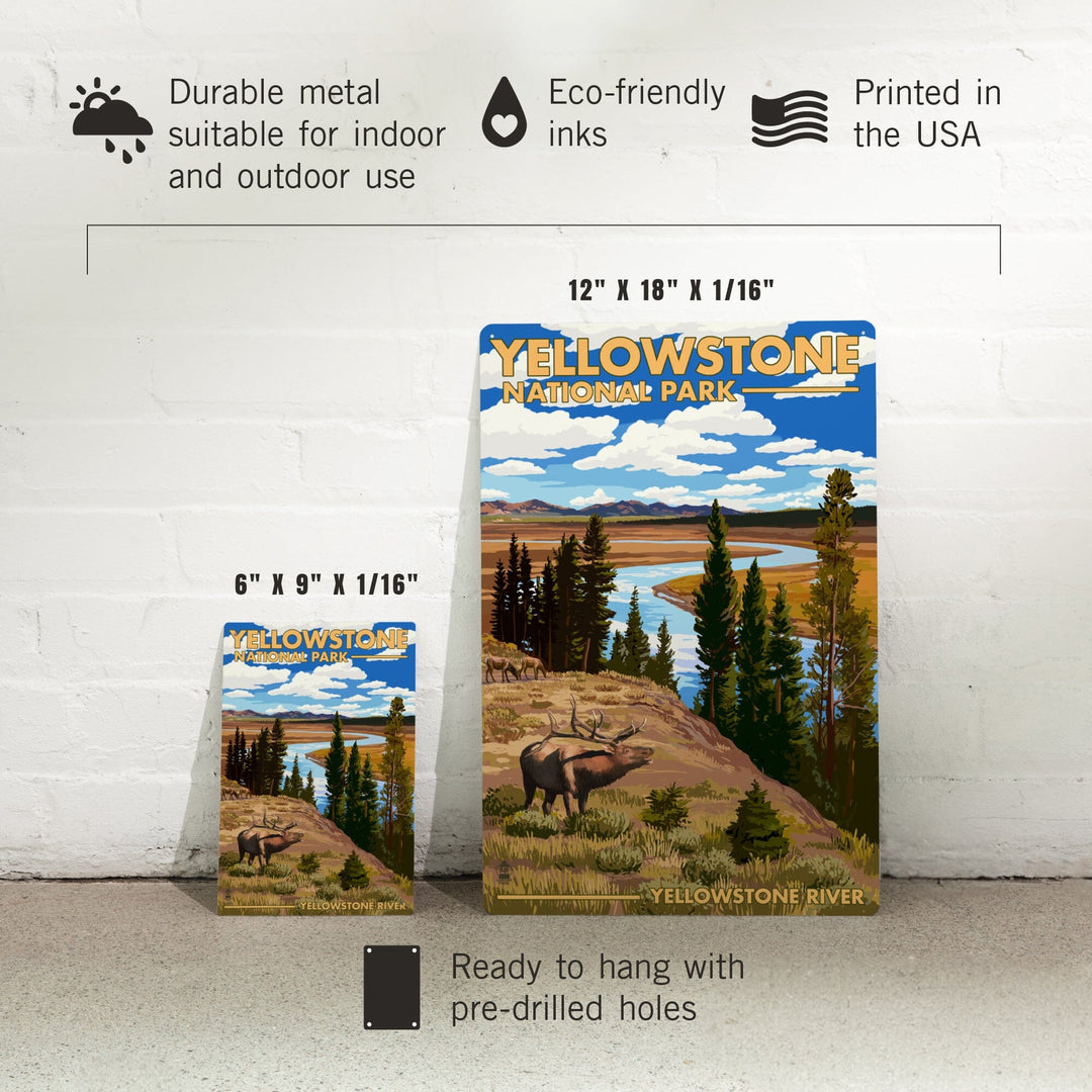 Yellowstone National Park, Wyoming, Yellowstone River and Elk, Metal Signs Metal Lantern Press