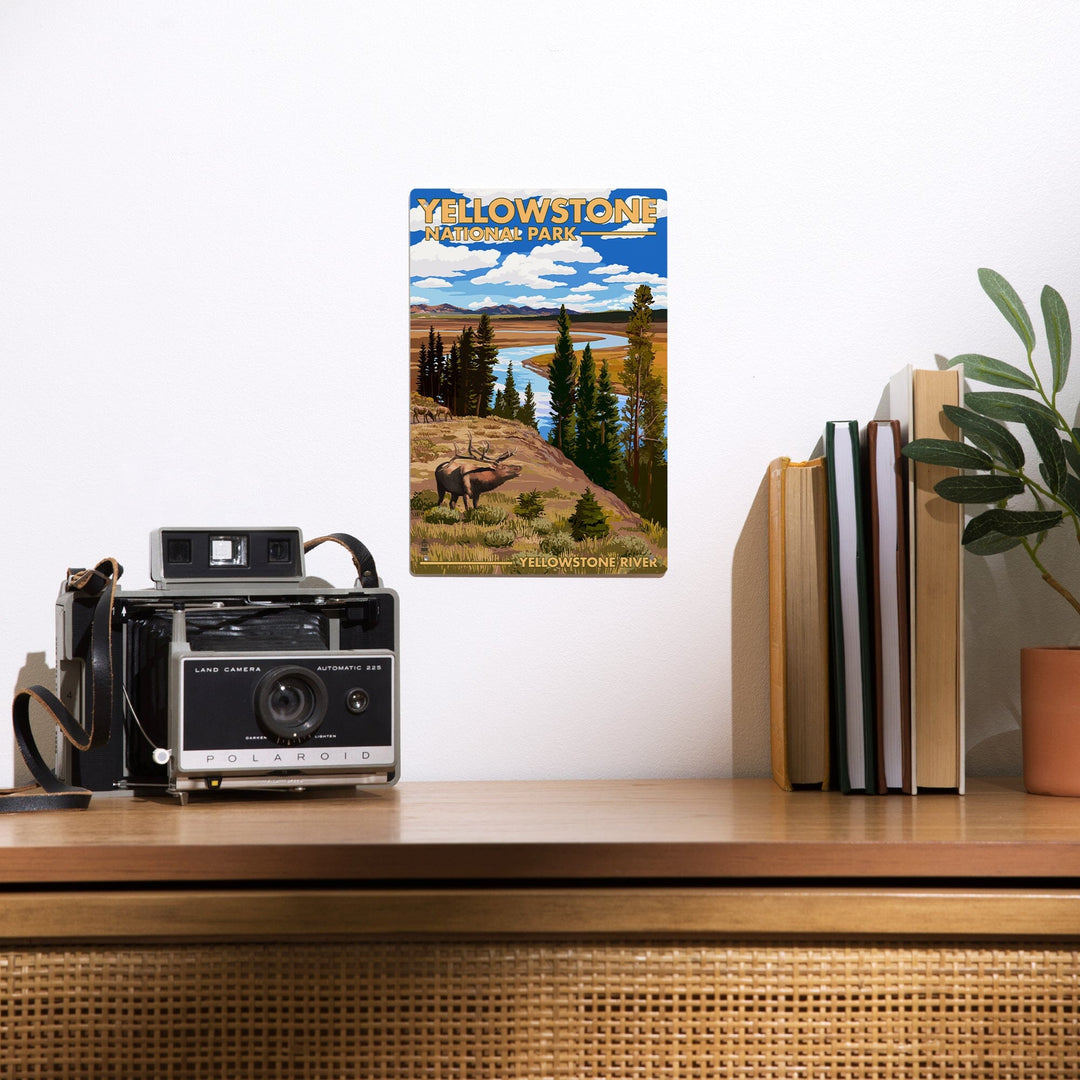Yellowstone National Park, Wyoming, Yellowstone River and Elk, Metal Signs Metal Lantern Press