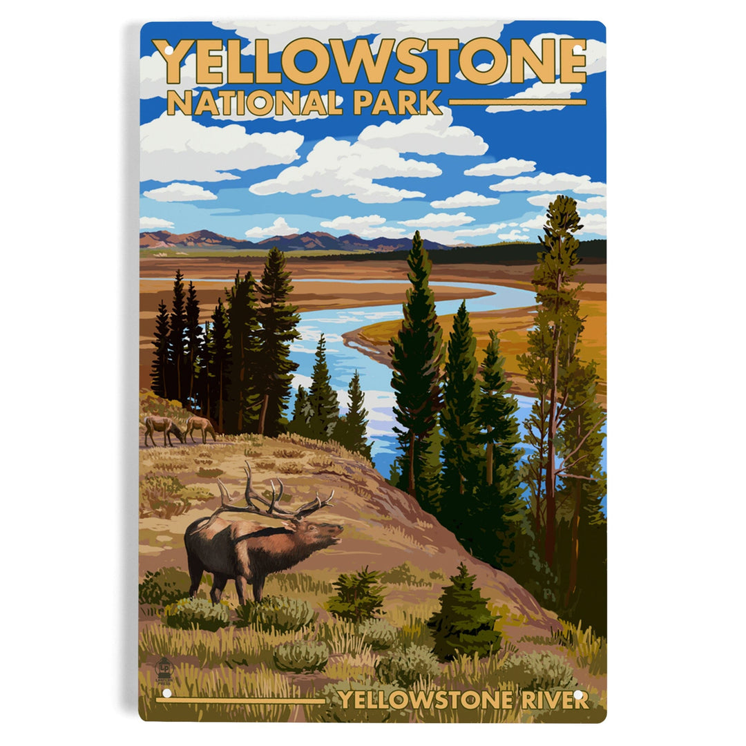 Yellowstone National Park, Wyoming, Yellowstone River and Elk, Metal Signs Metal Lantern Press