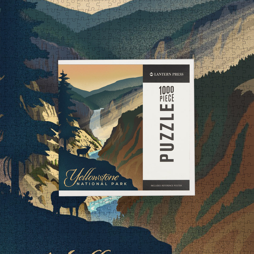Yellowstone National Park, Yellowstone Falls, Lithograph, Jigsaw Puzzle Puzzle Lantern Press