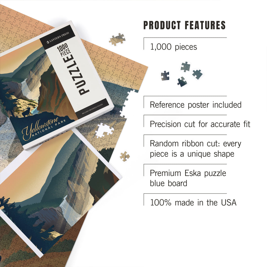 Yellowstone National Park, Yellowstone Falls, Lithograph, Jigsaw Puzzle Puzzle Lantern Press