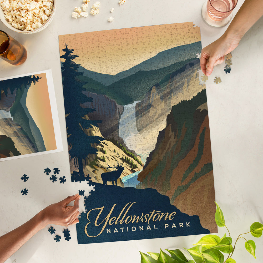 Yellowstone National Park, Yellowstone Falls, Lithograph, Jigsaw Puzzle Puzzle Lantern Press