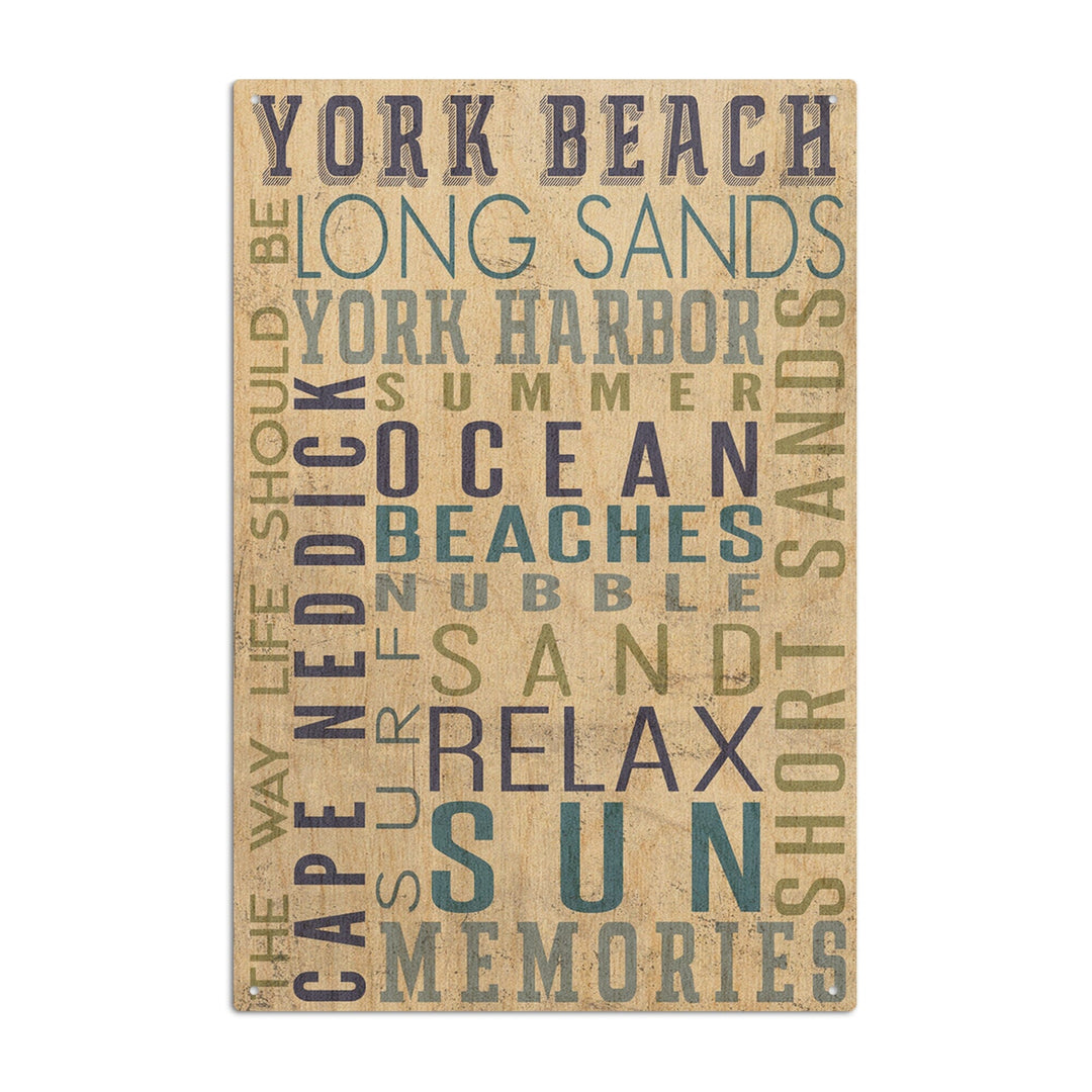 York Beach, Maine, Typography, Lantern Press Artwork, Wood Signs and Postcards Wood Lantern Press 10 x 15 Wood Sign