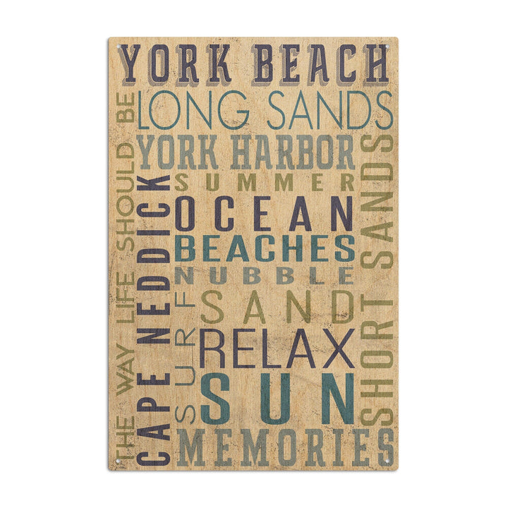 York Beach, Maine, Typography, Lantern Press Artwork, Wood Signs and Postcards Wood Lantern Press 10 x 15 Wood Sign