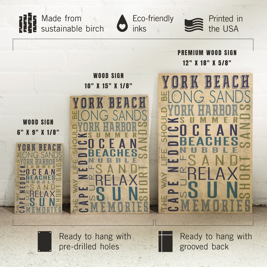 York Beach, Maine, Typography, Lantern Press Artwork, Wood Signs and Postcards Wood Lantern Press