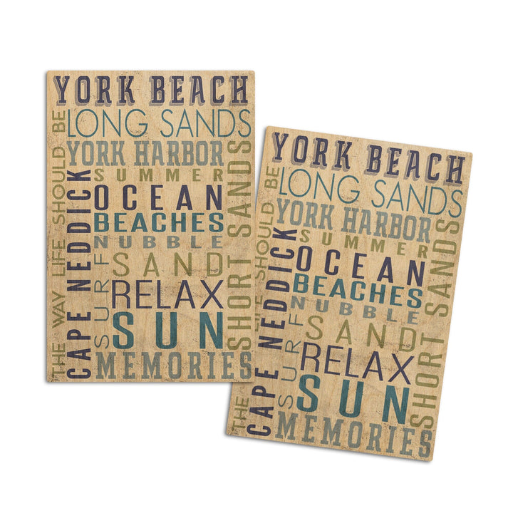 York Beach, Maine, Typography, Lantern Press Artwork, Wood Signs and Postcards Wood Lantern Press 4x6 Wood Postcard Set