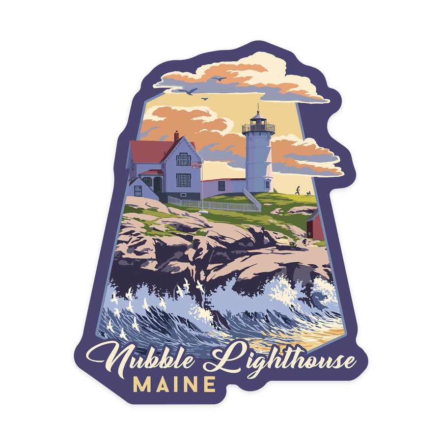 York, Maine, Nubble Lighthouse, Contour, Lantern Press Artwork, Vinyl Sticker Sticker Lantern Press