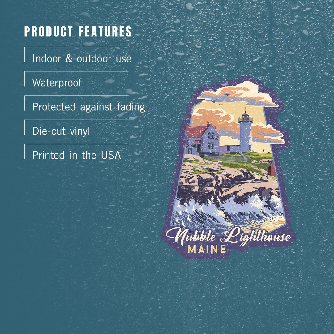 York, Maine, Nubble Lighthouse, Contour, Lantern Press Artwork, Vinyl Sticker Sticker Lantern Press