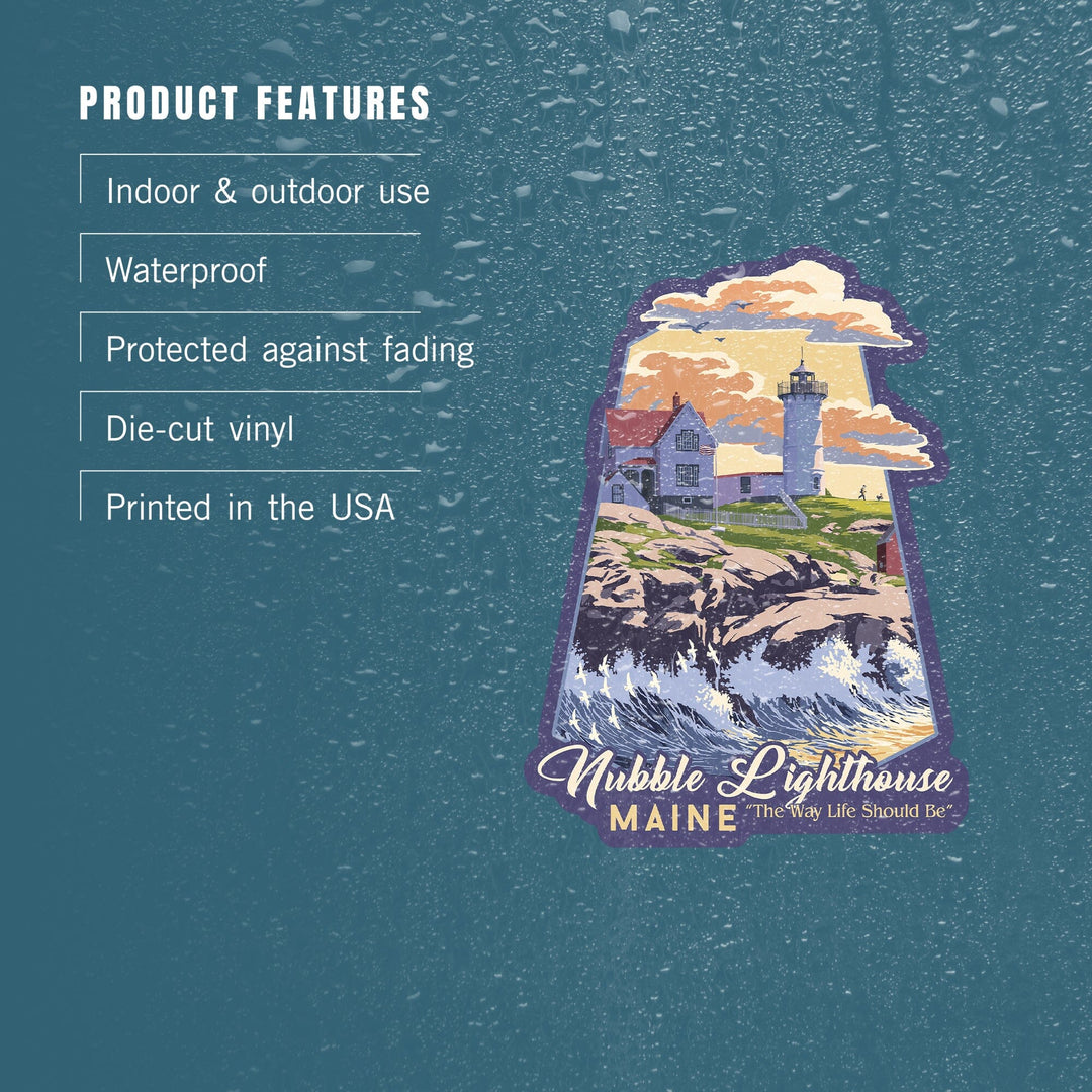 York, Maine, Nubble Lighthouse, The Way Life Should Be, Contour, Lantern Press Artwork, Vinyl Sticker Sticker Lantern Press