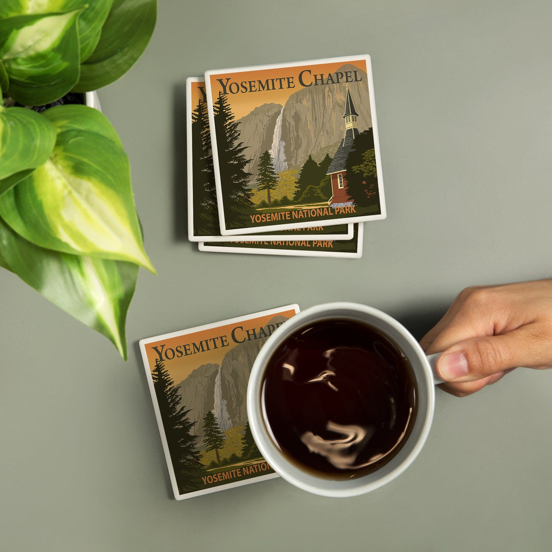 Yosemite Chapel and Yosemite Falls, California, Coasters Coasters Lantern Press