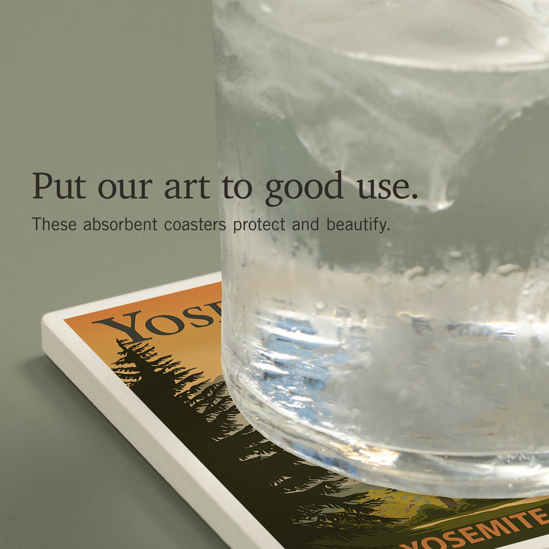 Yosemite Chapel and Yosemite Falls, California, Coasters Coasters Lantern Press