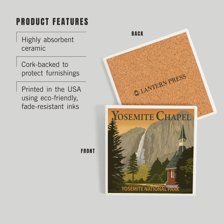 Yosemite Chapel and Yosemite Falls, California, Coasters Coasters Lantern Press