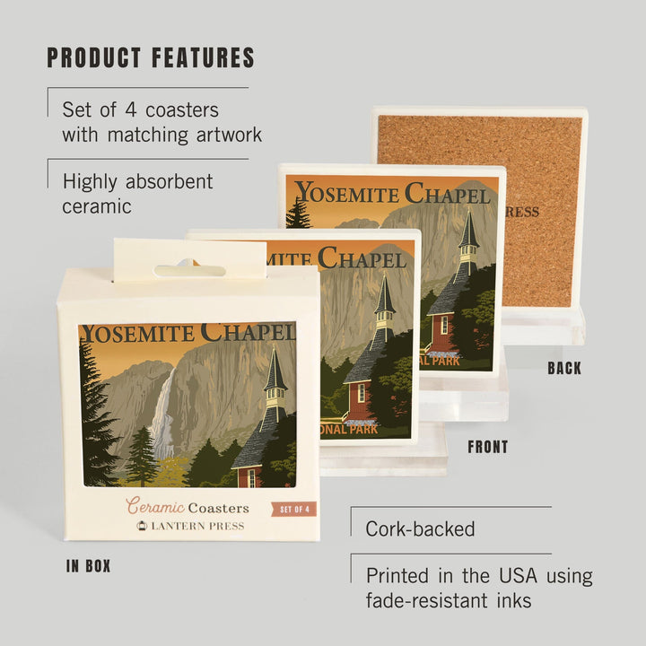 Yosemite Chapel and Yosemite Falls, California, Coasters Coasters Lantern Press
