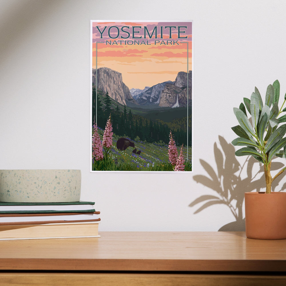 Yosemite National Park, California, Bear and Cubs with Flowers, Art & Giclee Prints Art Lantern Press