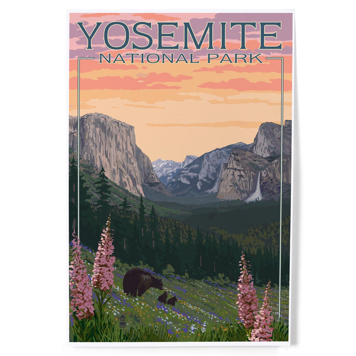 Yosemite National Park, California, Bear and Cubs with Flowers, Art & Giclee Prints Art Lantern Press