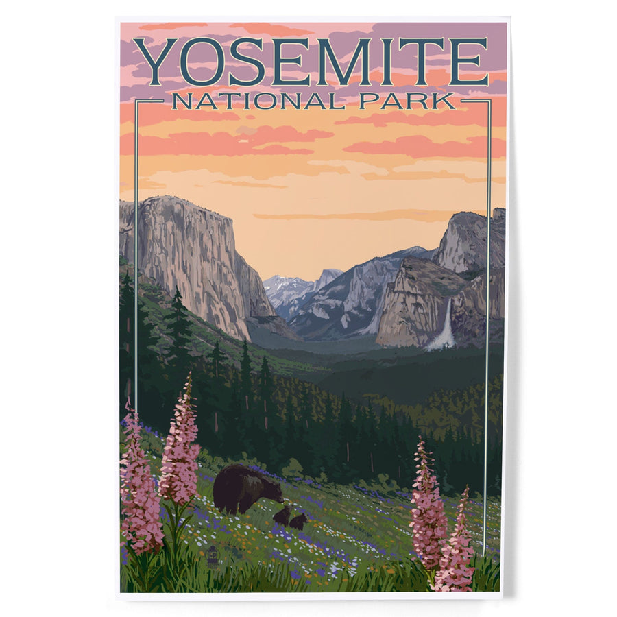 Yosemite National Park, California, Bear and Cubs with Flowers, Art & Giclee Prints Art Lantern Press