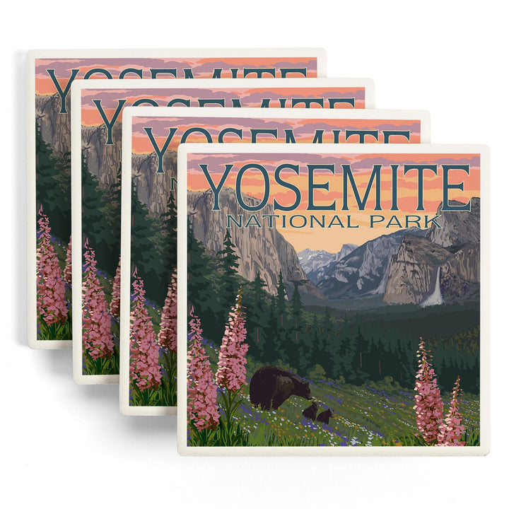 Yosemite National Park, California, Bear and Cubs with Flowers, Coasters Coasters Lantern Press