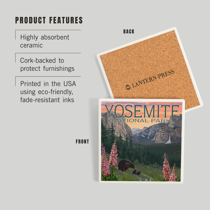 Yosemite National Park, California, Bear and Cubs with Flowers, Coasters Coasters Lantern Press