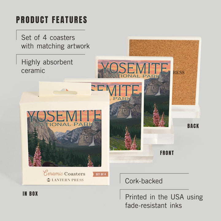 Yosemite National Park, California, Bear and Cubs with Flowers, Coasters Coasters Lantern Press