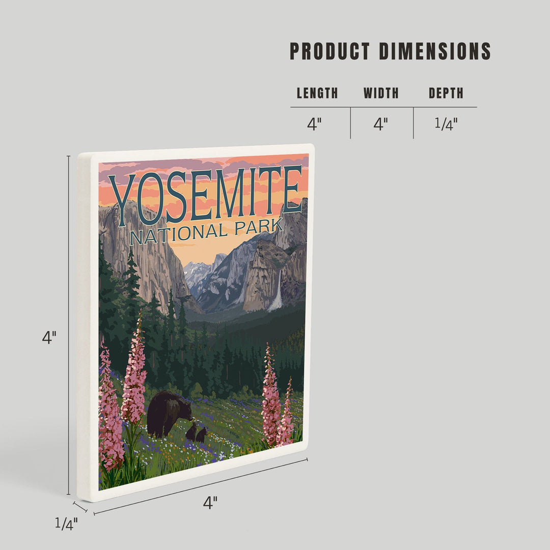 Yosemite National Park, California, Bear and Cubs with Flowers, Coasters Coasters Lantern Press