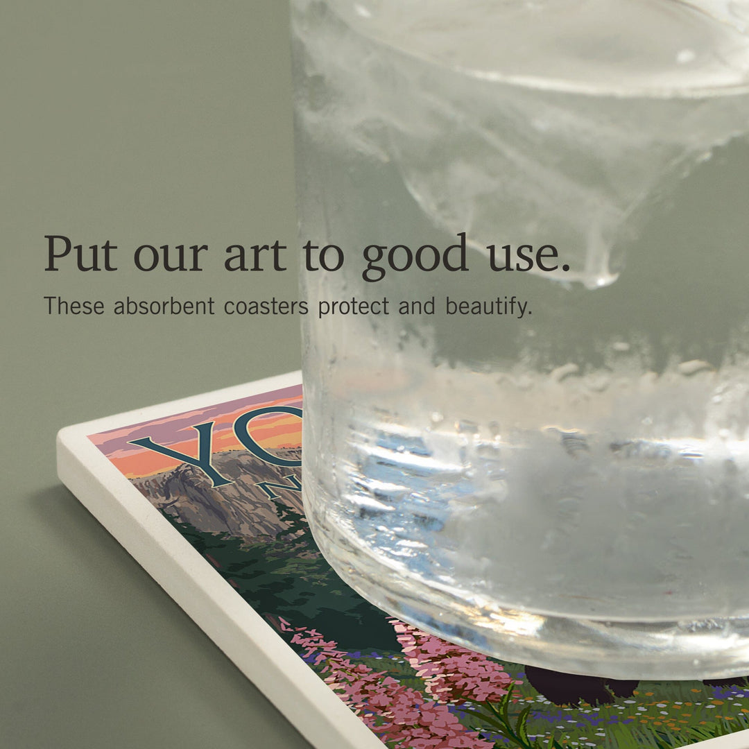 Yosemite National Park, California, Bear and Cubs with Flowers, Coasters Coasters Lantern Press