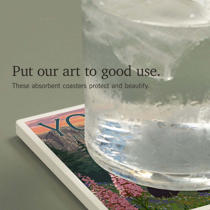 Yosemite National Park, California, Bear and Cubs with Flowers, Coasters Coasters Lantern Press