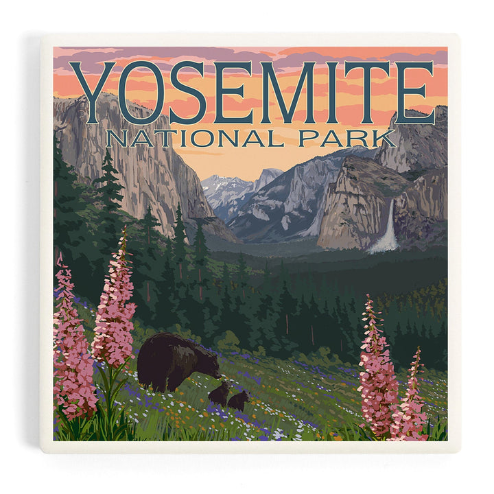 Yosemite National Park, California, Bear and Cubs with Flowers, Coasters Coasters Lantern Press Coaster