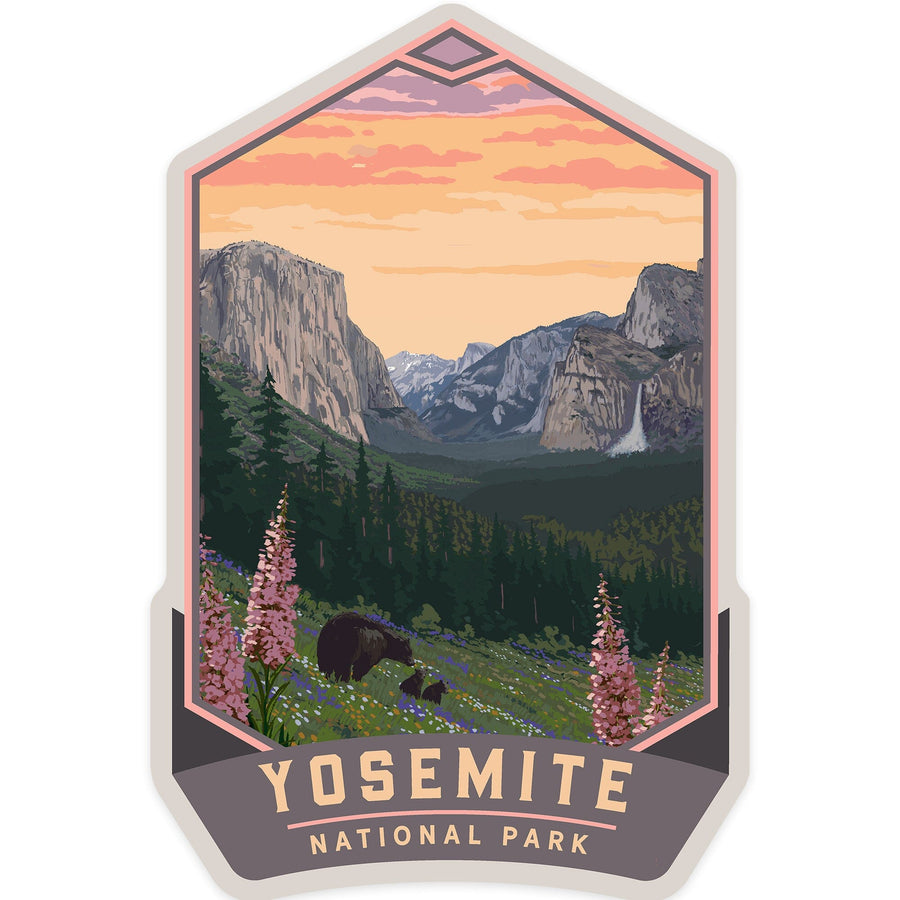 Yosemite National Park, California, Bear and Cubs with Flowers, Contour, Vinyl Sticker Sticker Lantern Press