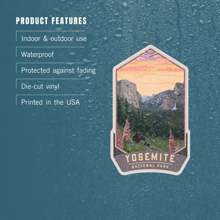 Yosemite National Park, California, Bear and Cubs with Flowers, Contour, Vinyl Sticker Sticker Lantern Press