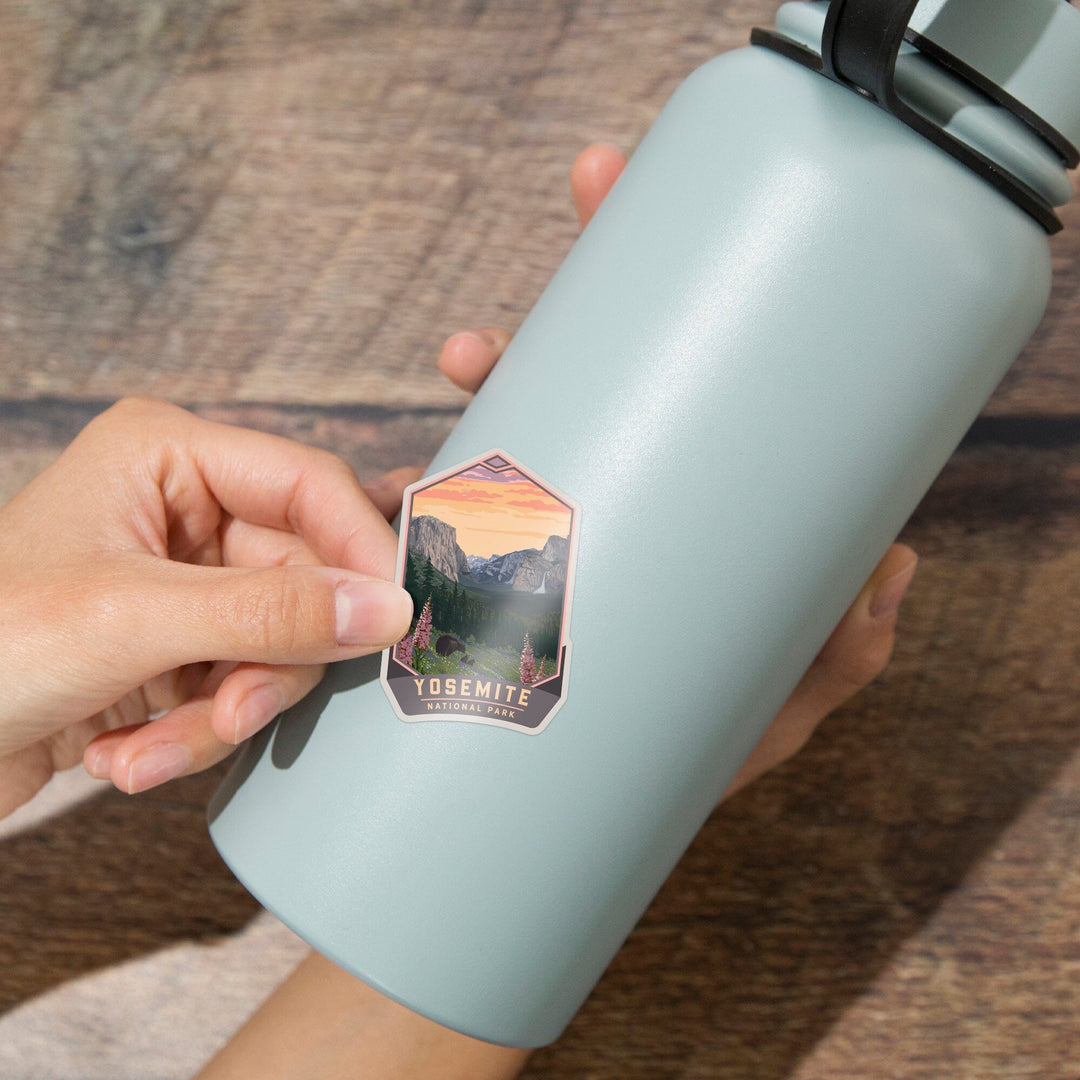 Yosemite National Park, California, Bear and Cubs with Flowers, Contour, Vinyl Sticker Sticker Lantern Press