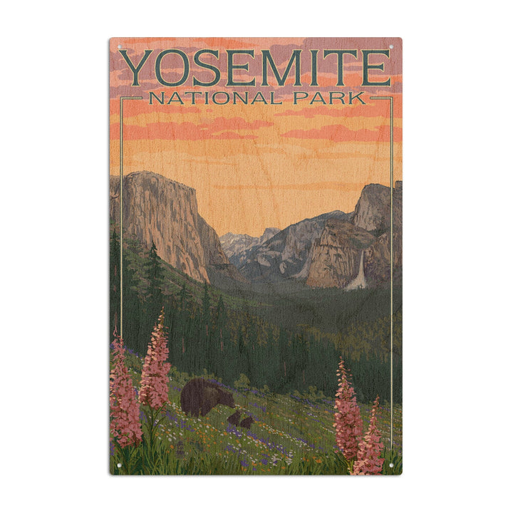 Yosemite National Park, California, Bear and Cubs with Flowers, Lantern Press Artwork, Wood Signs and Postcards Wood Lantern Press 10 x 15 Wood Sign