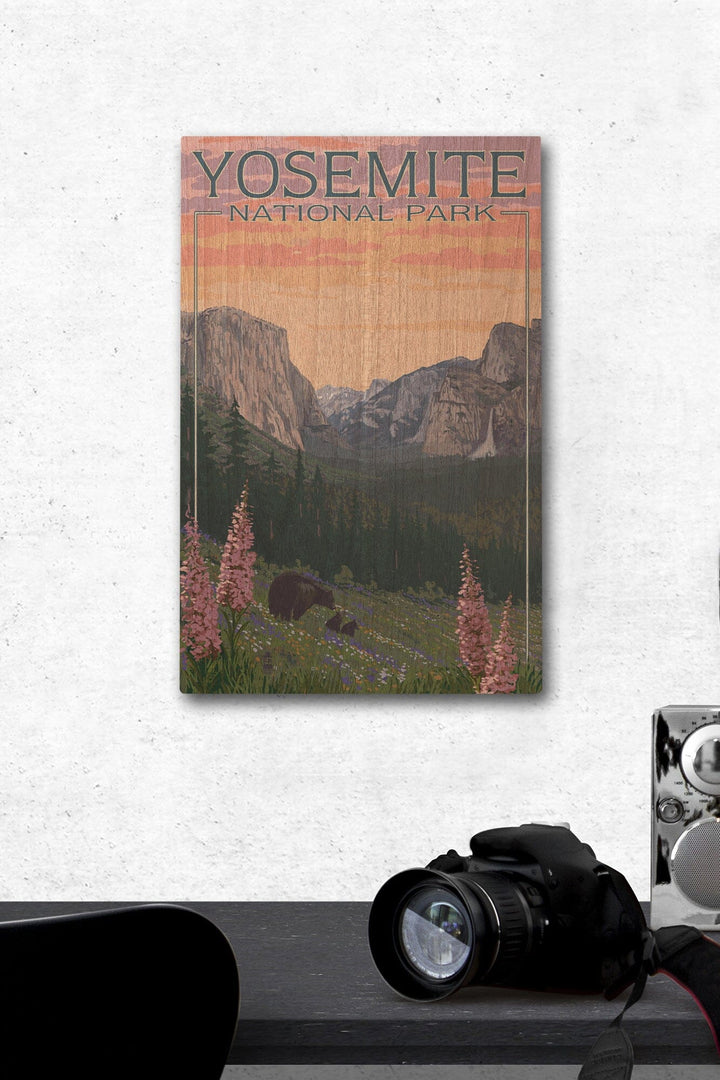Yosemite National Park, California, Bear and Cubs with Flowers, Lantern Press Artwork, Wood Signs and Postcards Wood Lantern Press 12 x 18 Wood Gallery Print