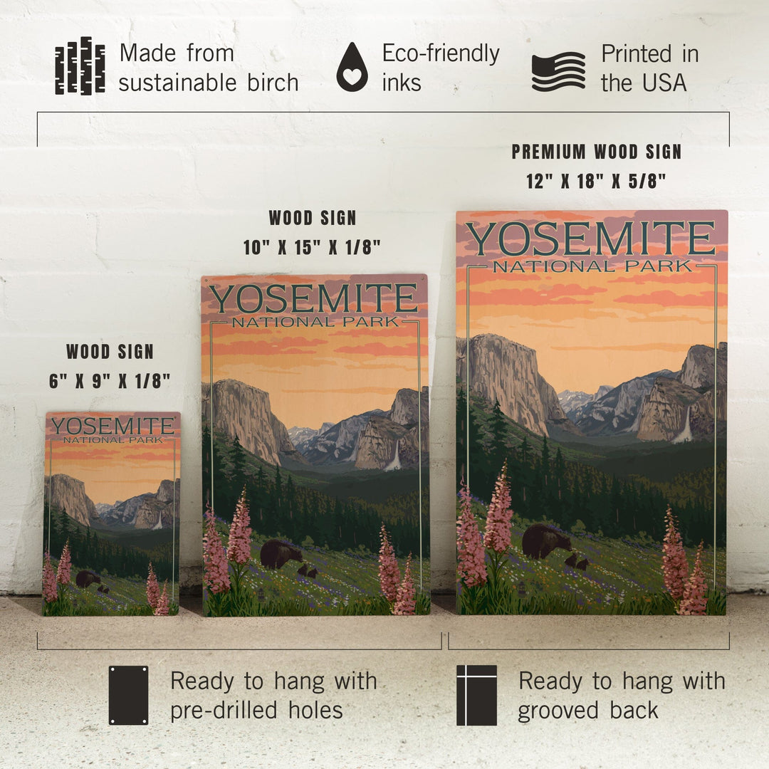 Yosemite National Park, California, Bear and Cubs with Flowers, Lantern Press Artwork, Wood Signs and Postcards Wood Lantern Press